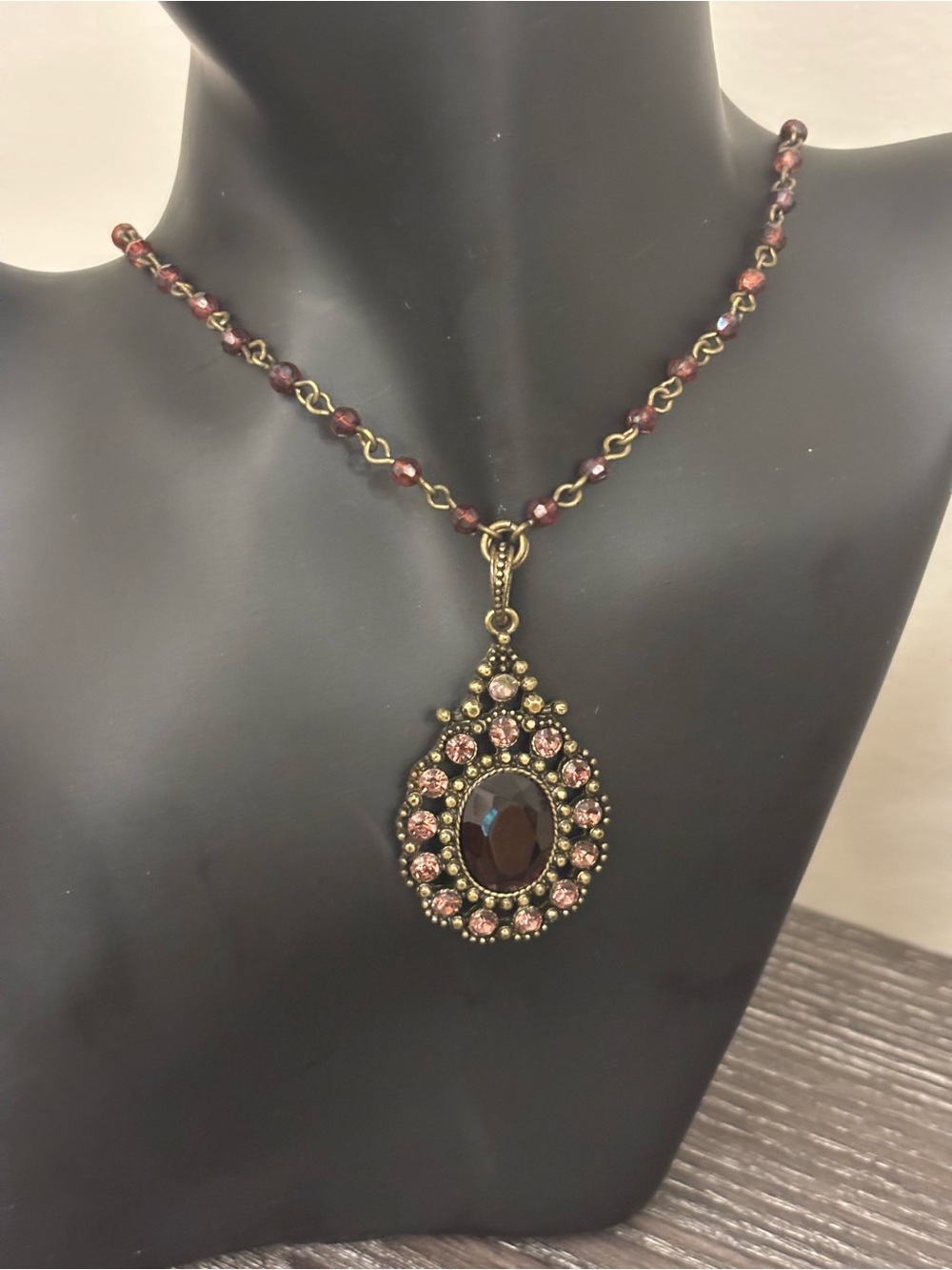 Avon Burgundy Crystal Pendant Necklace Antiqued Gold Tone Victorian Style SAO